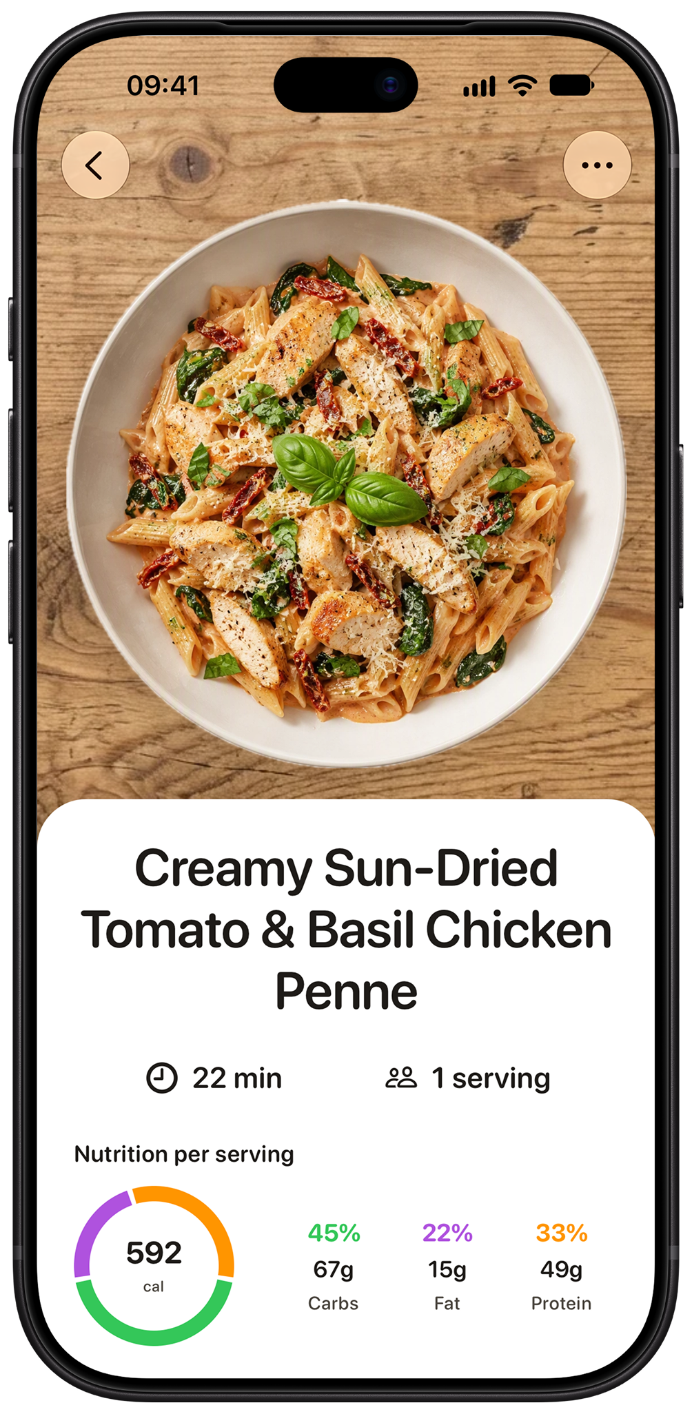 Yuva recipe for creamy sun-dried tomato and basil chicken penne with nutrition details